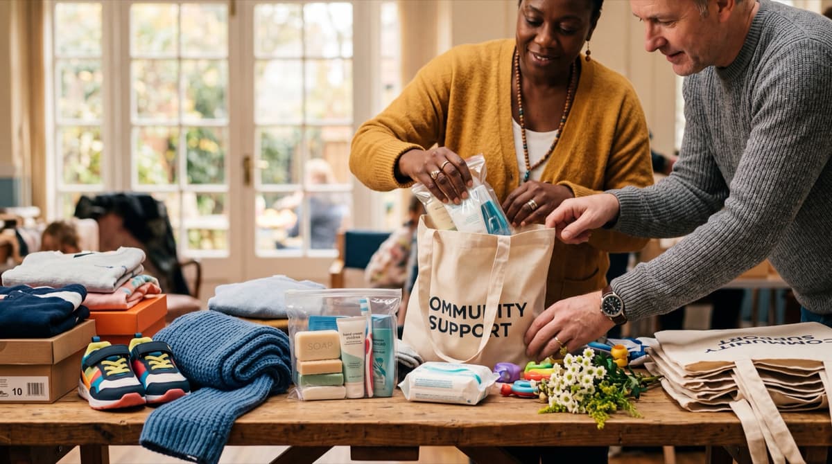 Care packages with clothing, shoes, and essentials for families starting over