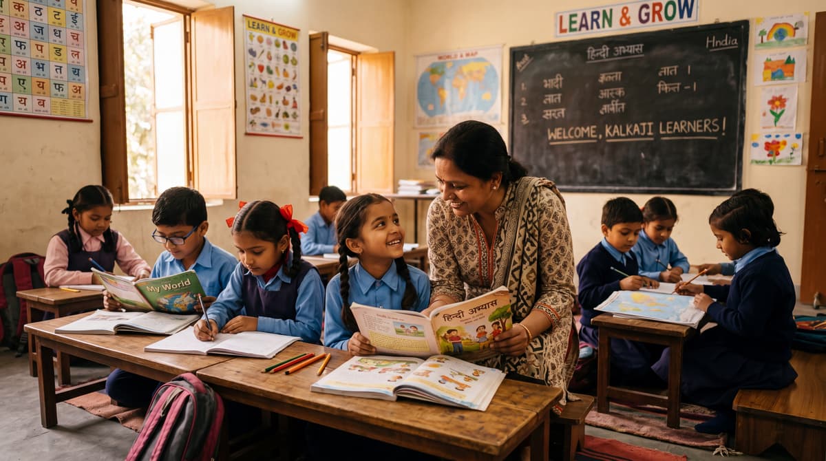 Children learning in a community classroom in Kalkaji, New Delhi